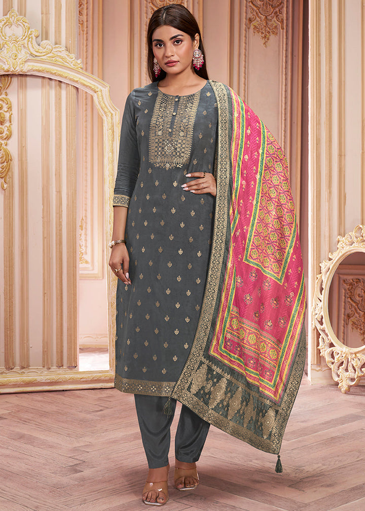 Iron Grey Dola Silk Suit Featuring Jacquard Pattern Weaving