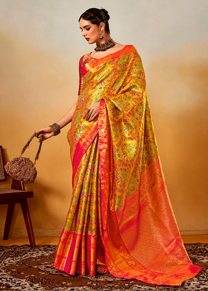 Yellow & Pink Zari-Woven Silk Saree with Bold Contrast Border