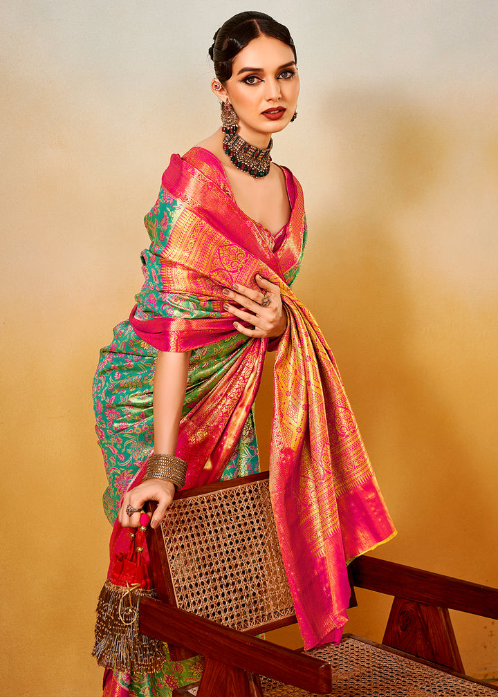 Blue & Pink Zari-Woven Silk Saree with Bold Contrast Border