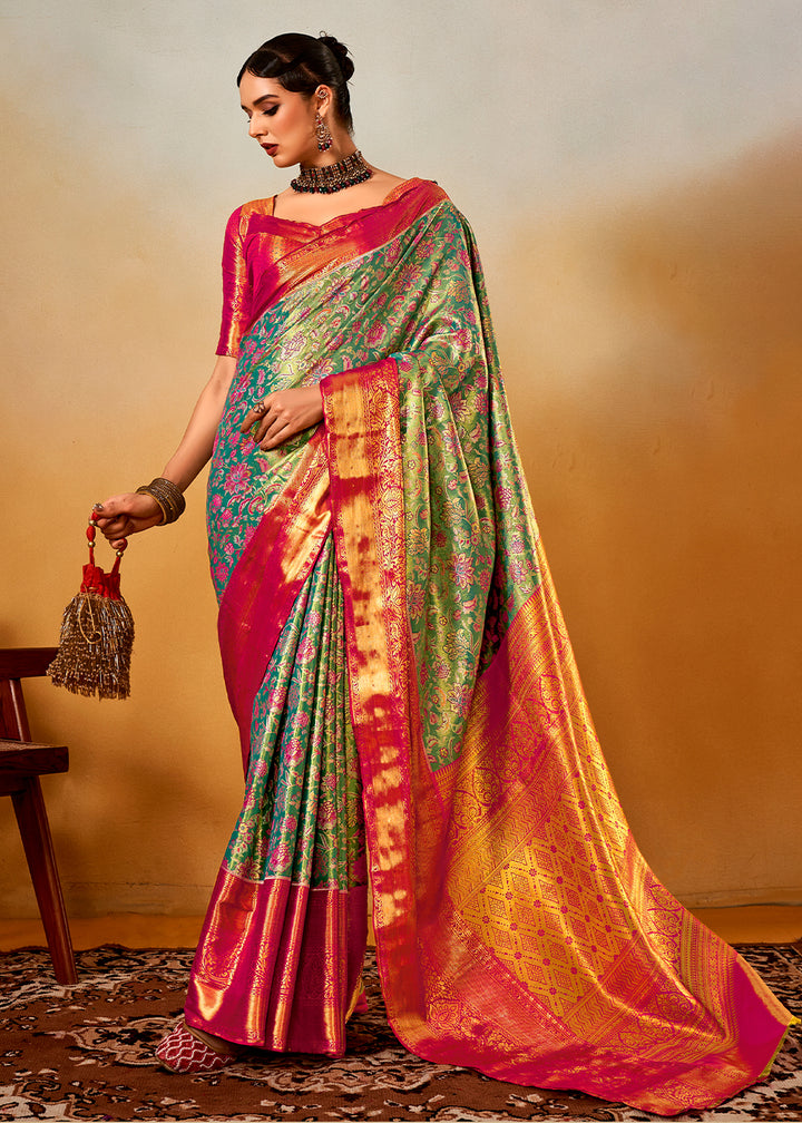 Blue & Pink Zari-Woven Silk Saree with Bold Contrast Border