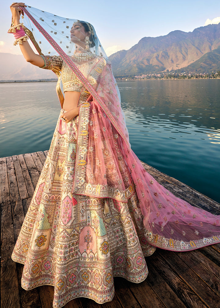 Cream White Banarasi Silk Lehenga Choli with Elegant Khatli Work and Handcrafted Embroidery