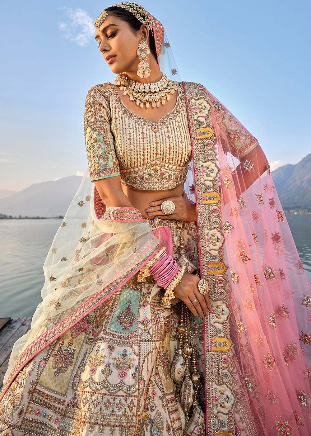 Cream White Banarasi Silk Lehenga Choli with Elegant Khatli Work and Handcrafted Embroidery