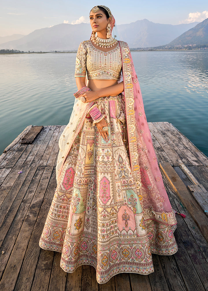 Cream White Banarasi Silk Lehenga Choli with Elegant Khatli Work and Handcrafted Embroidery