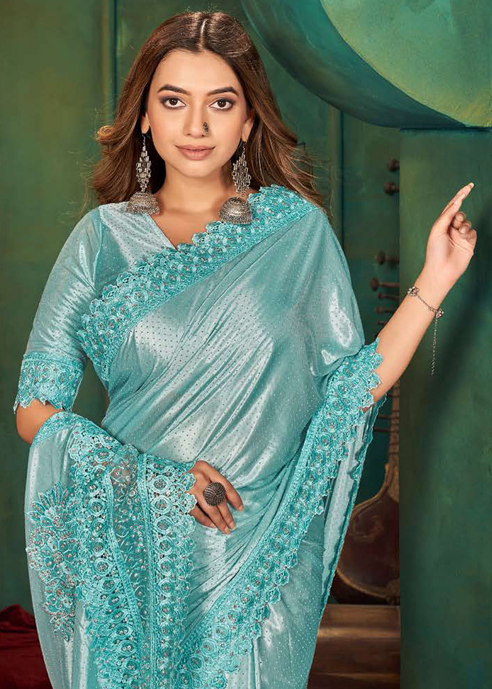 Arctic Blue Designer Satin Saree