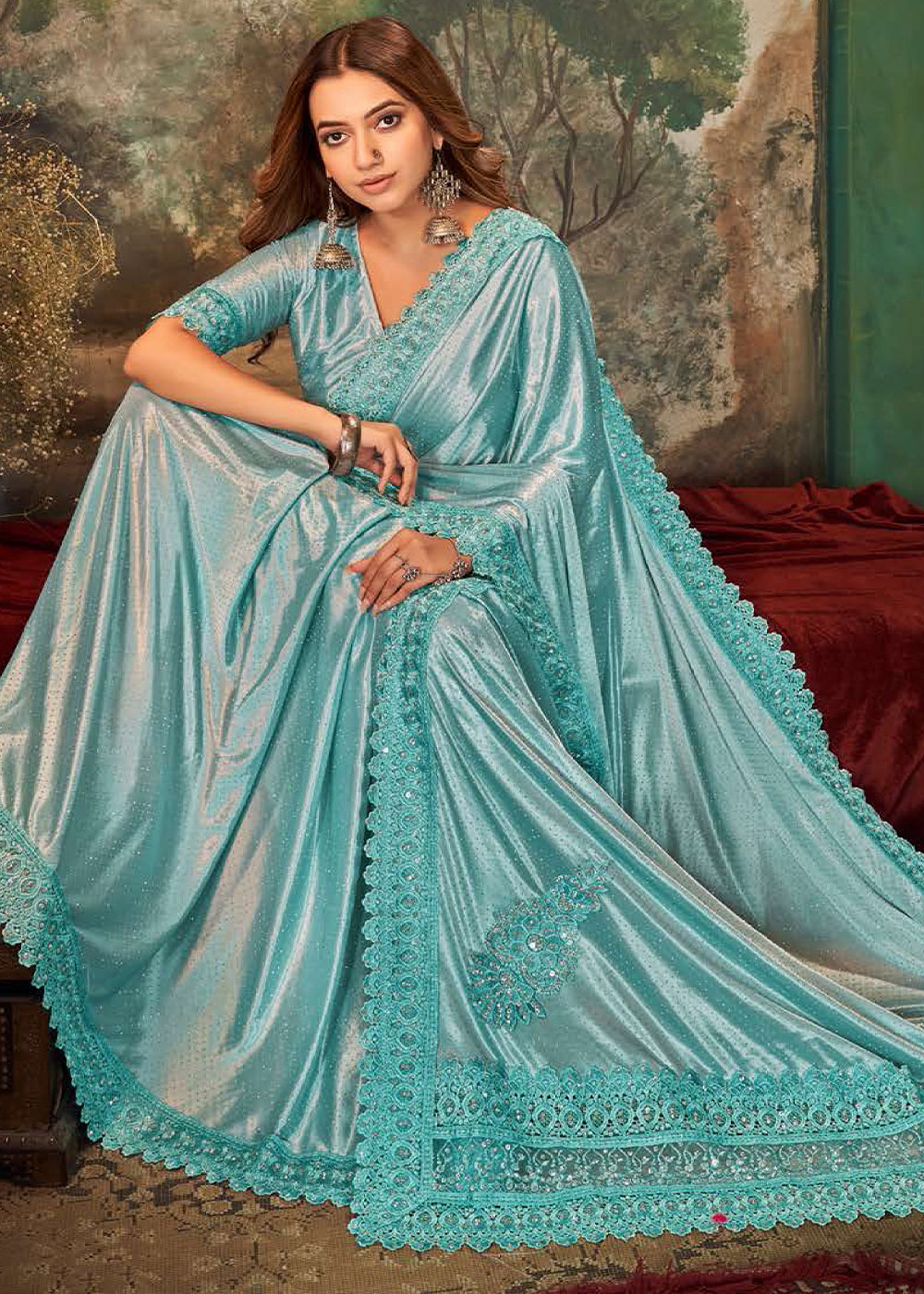 Arctic Blue Designer Satin Saree