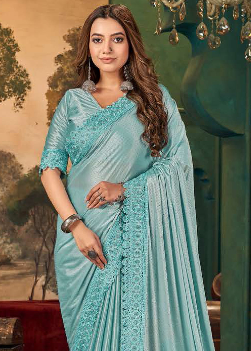 Arctic Blue Designer Satin Saree