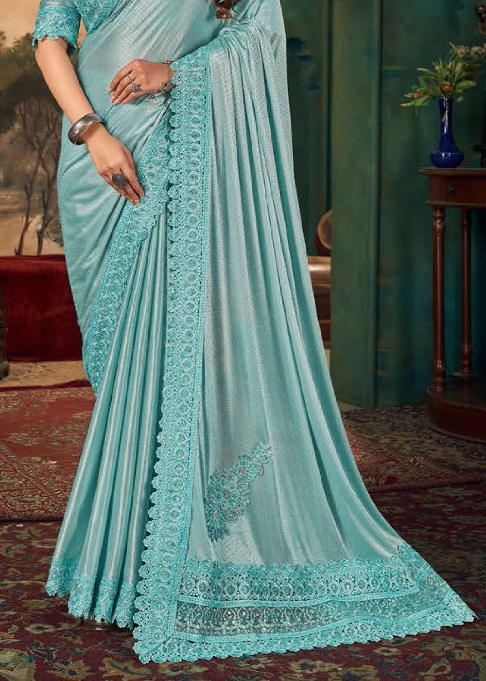 Arctic Blue Designer Satin Saree