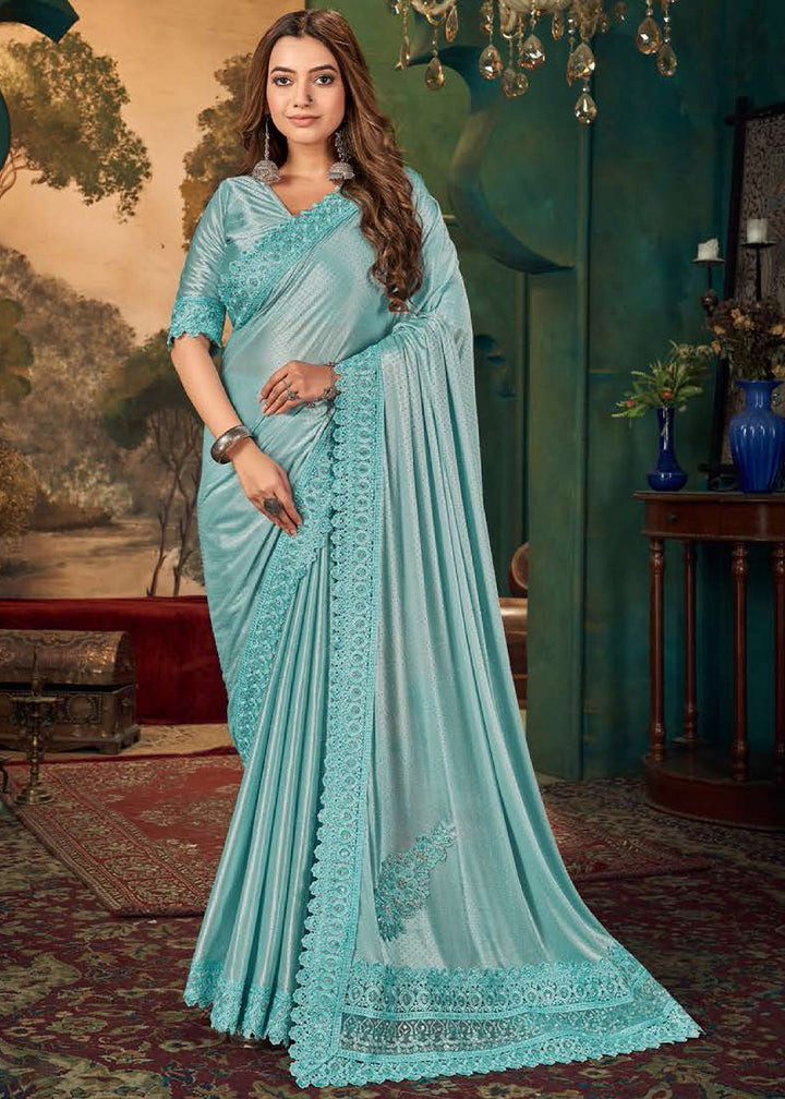 Arctic Blue Designer Satin Saree