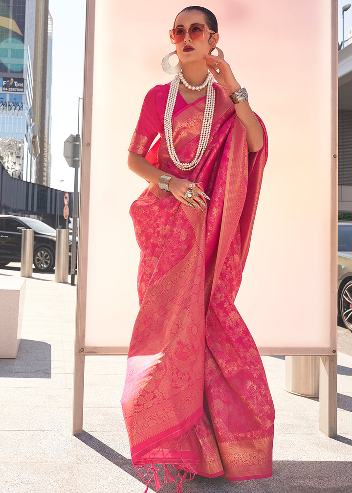 Hot Pink Handloom Woven Traditional Saree