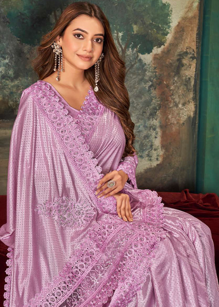 Lilac Purple Designer Satin Saree