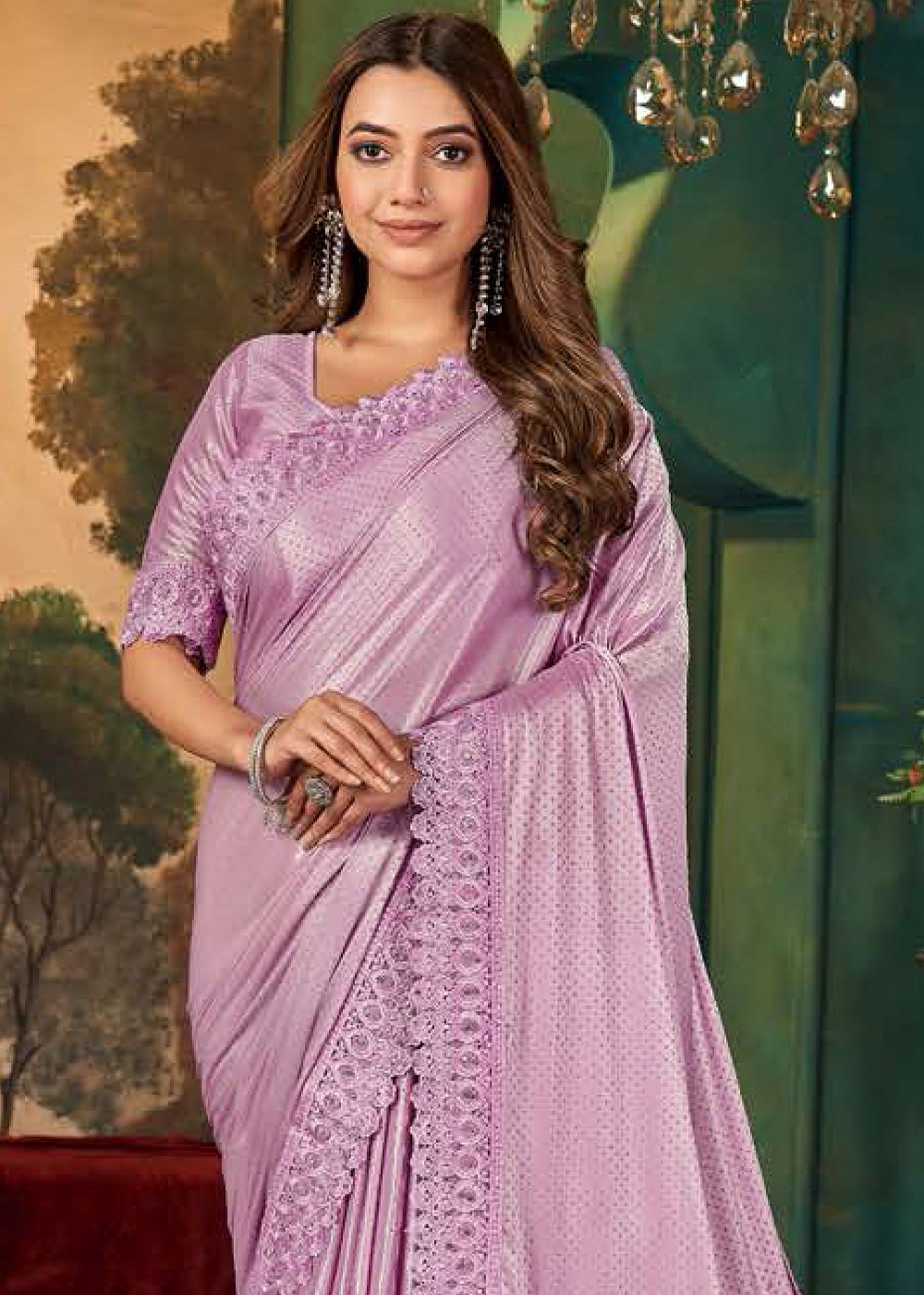 Lilac Purple Designer Satin Saree