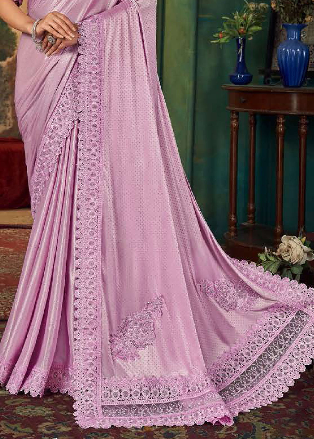 Lilac Purple Designer Satin Saree