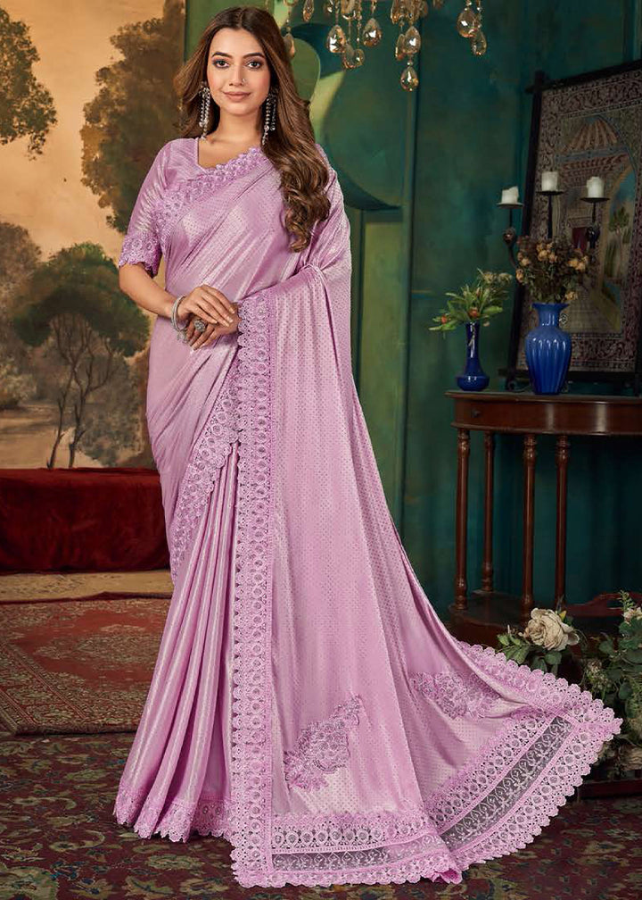 Lilac Purple Designer Satin Saree