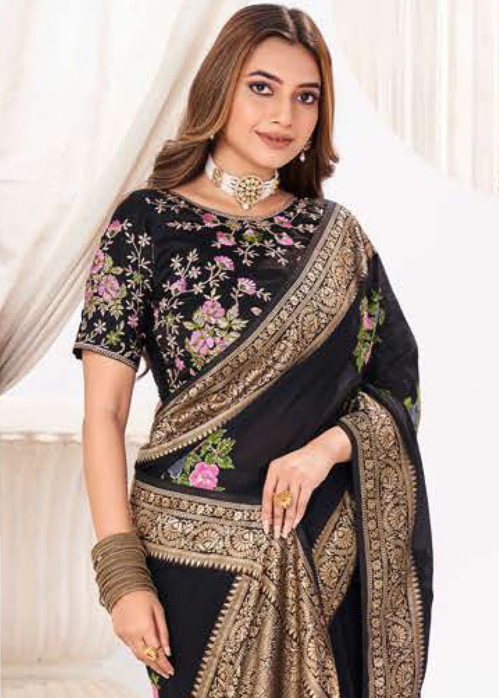 Pebble Black Zari Woven Viscose Crepe Saree