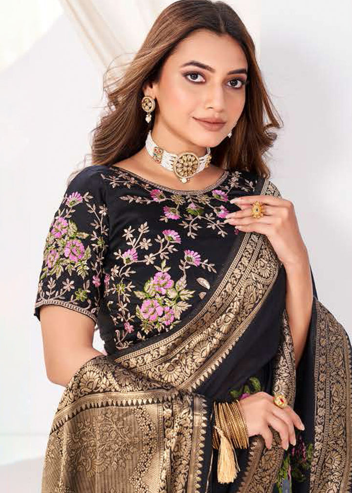 Pebble Black Zari Woven Viscose Crepe Saree