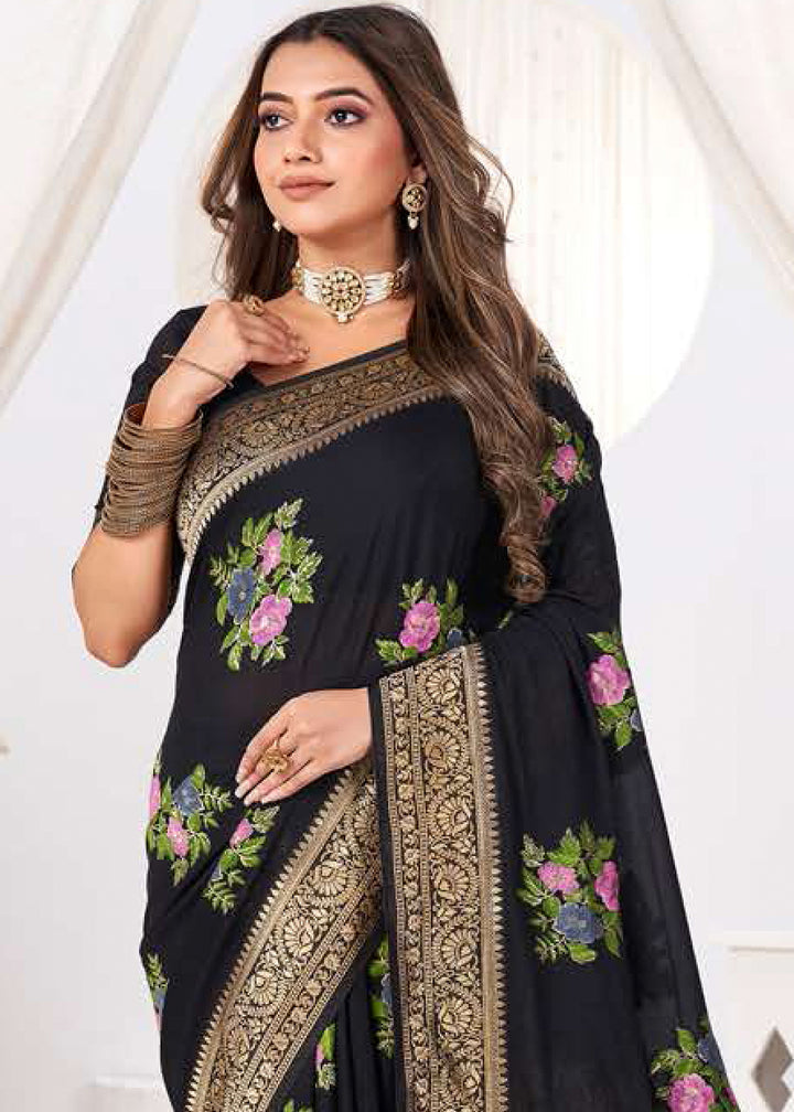 Pebble Black Zari Woven Viscose Crepe Saree