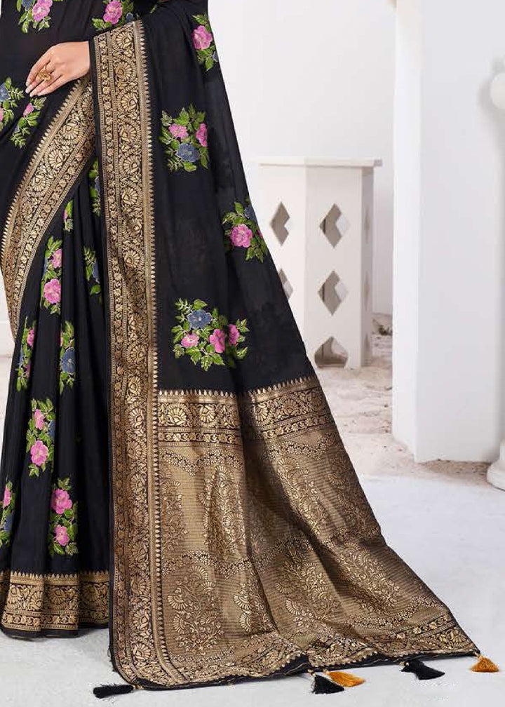 Pebble Black Zari Woven Viscose Crepe Saree