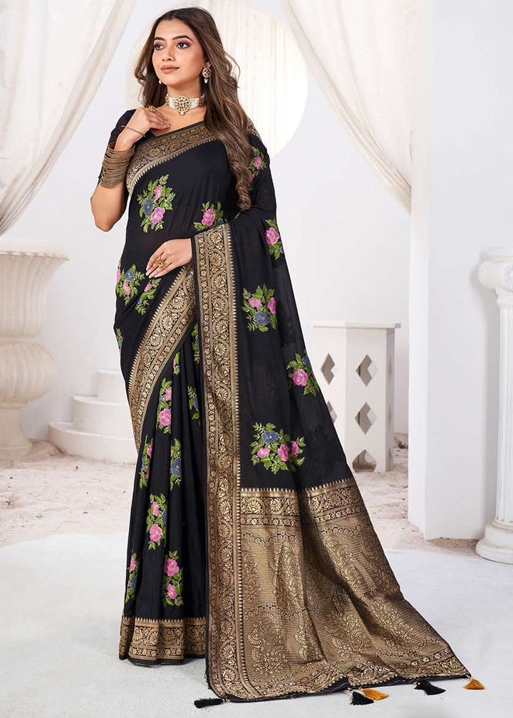 Pebble Black Zari Woven Viscose Crepe Saree