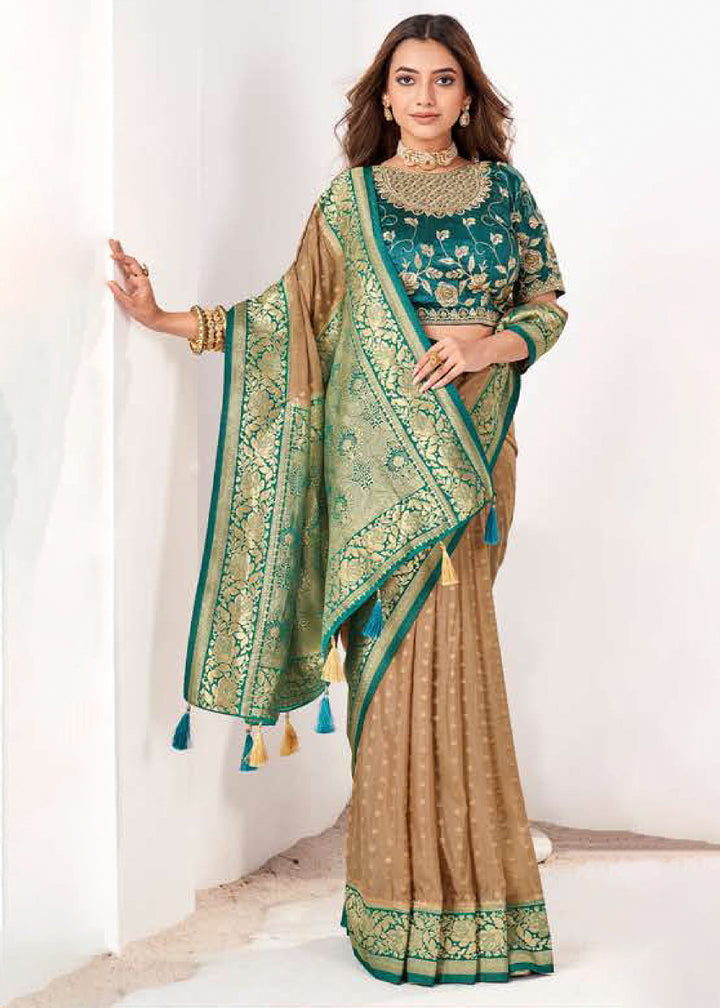 Light Brown Zari Woven Viscose Crepe Saree