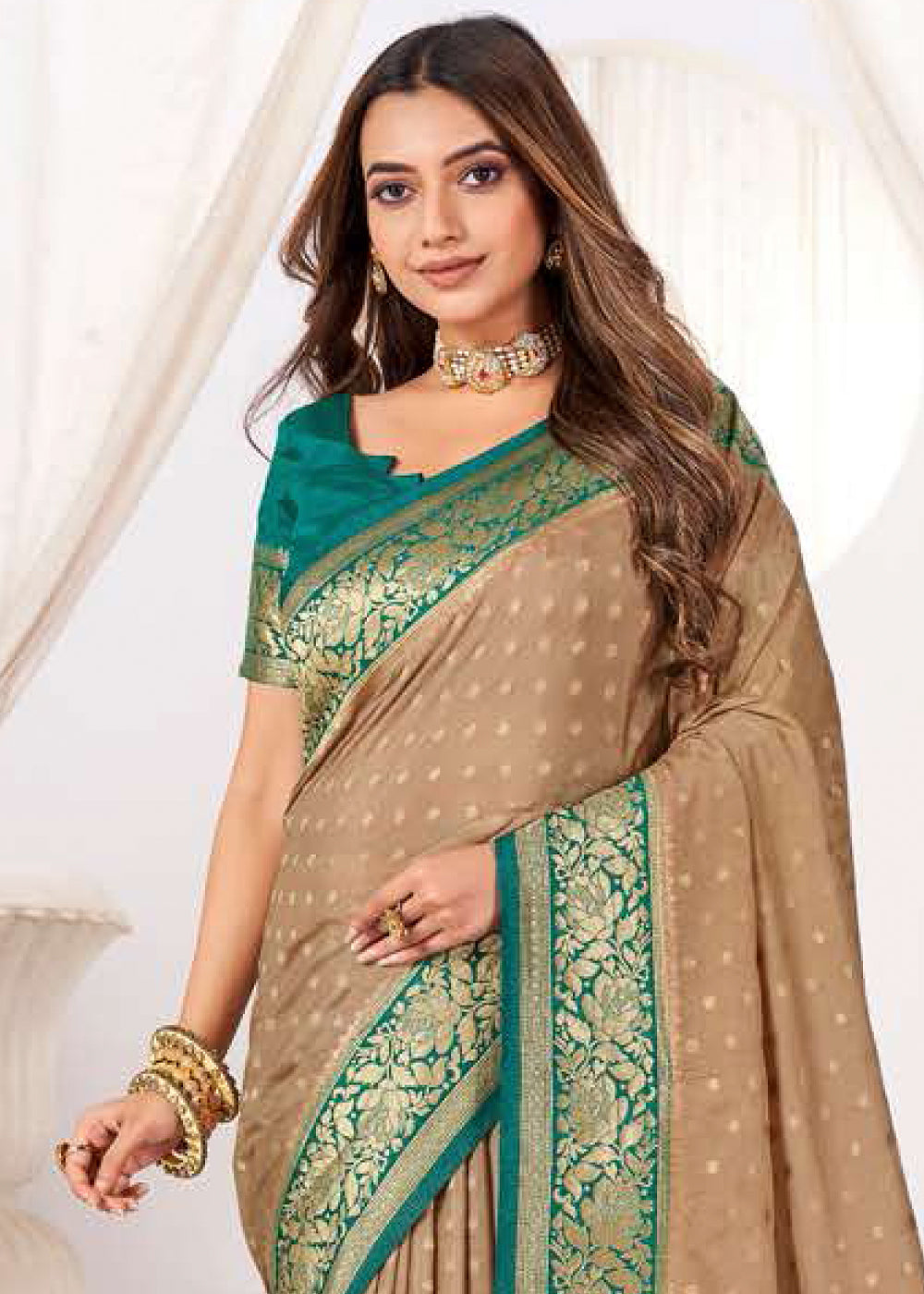 Light Brown Zari Woven Viscose Crepe Saree