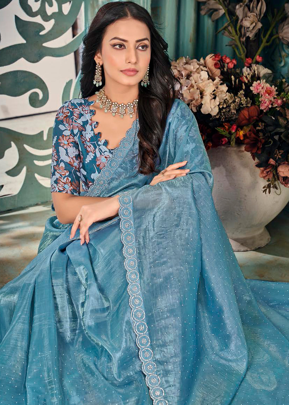 Star Command Blue Crush Silk Saree with Floral Pattern Blouse