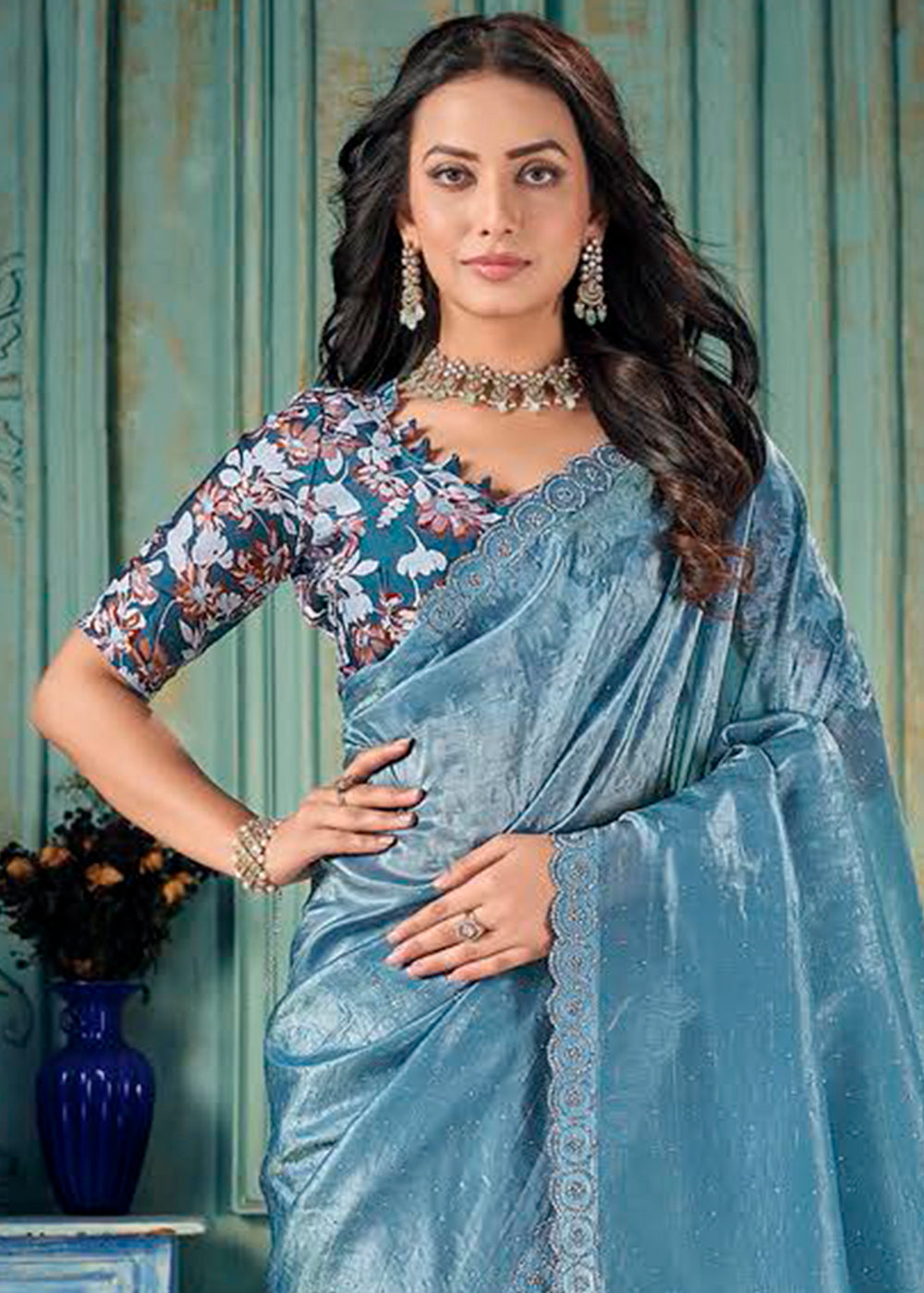 Star Command Blue Crush Silk Saree with Floral Pattern Blouse