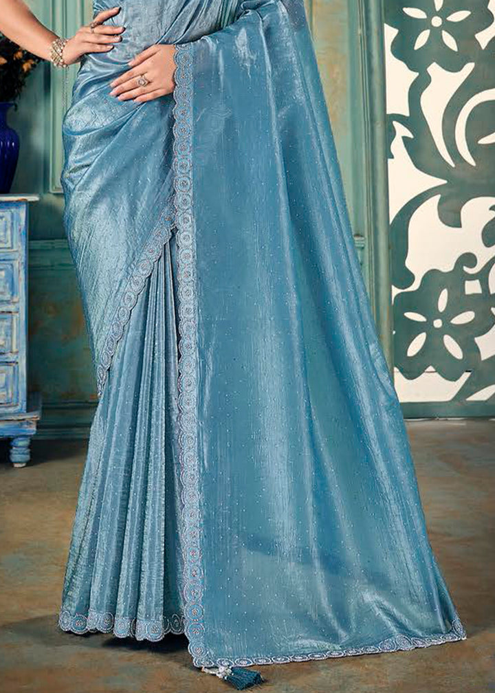 Star Command Blue Crush Silk Saree with Floral Pattern Blouse