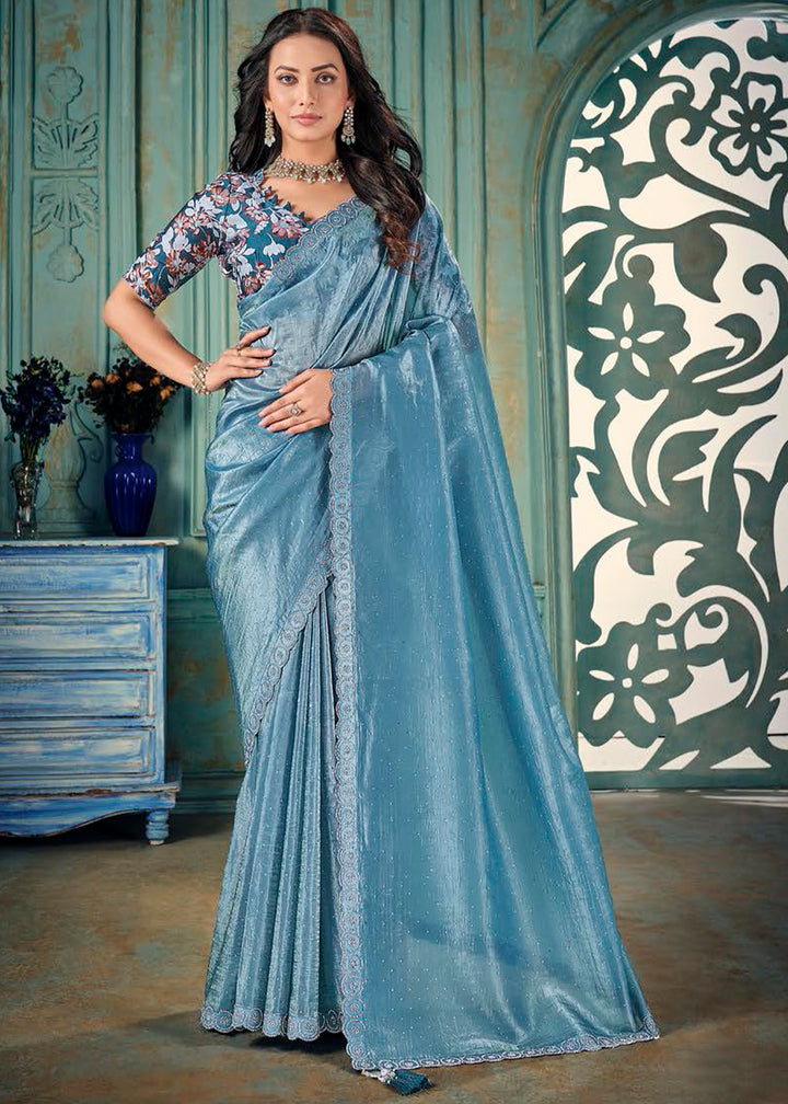 Star Command Blue Crush Silk Saree with Floral Pattern Blouse