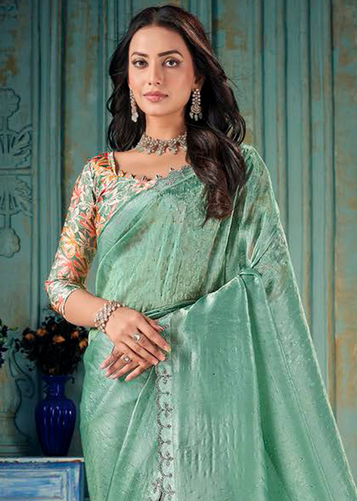 Leaf Green Crush Silk Saree with Floral Pattern Blouse