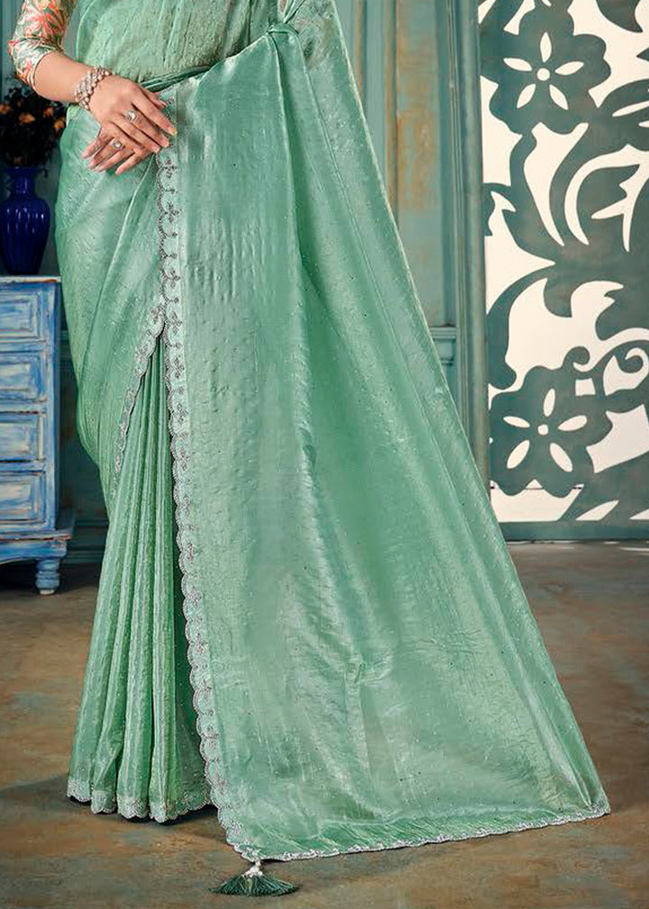 Leaf Green Crush Silk Saree with Floral Pattern Blouse