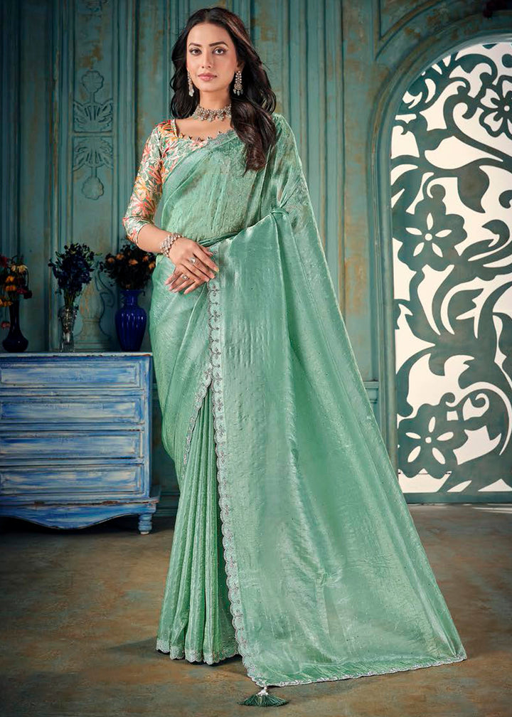 Leaf Green Crush Silk Saree with Floral Pattern Blouse