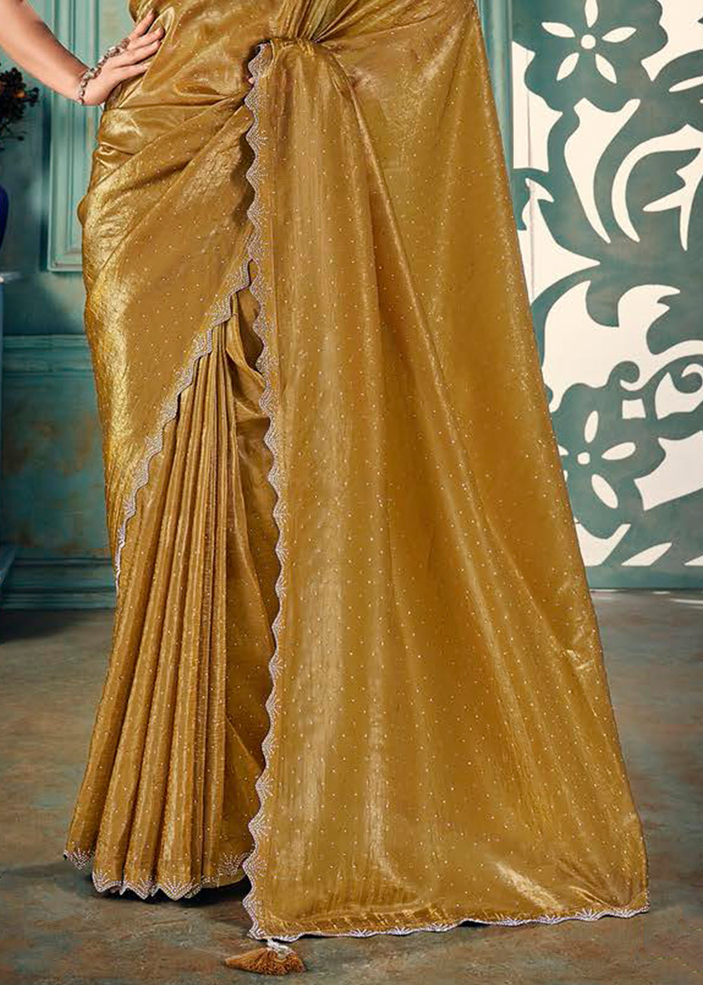 Mustard Yellow Crush Silk Saree with Floral Pattern Blouse