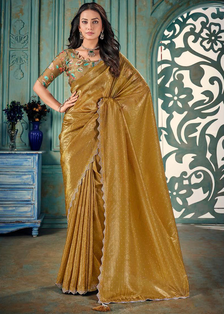 Mustard Yellow Crush Silk Saree with Floral Pattern Blouse