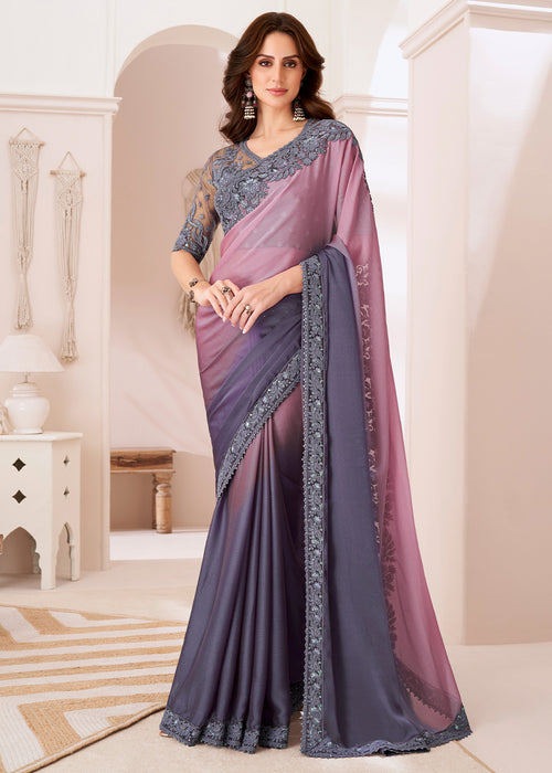 Pink & Purple Designer Chiffon Saree with Fine Embroidery
