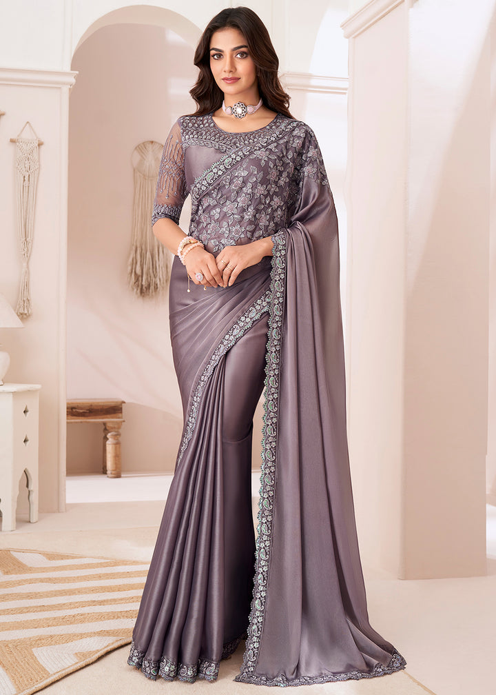 Metallic African Purple Designer Satin Silk Saree with Fine Embroidery
