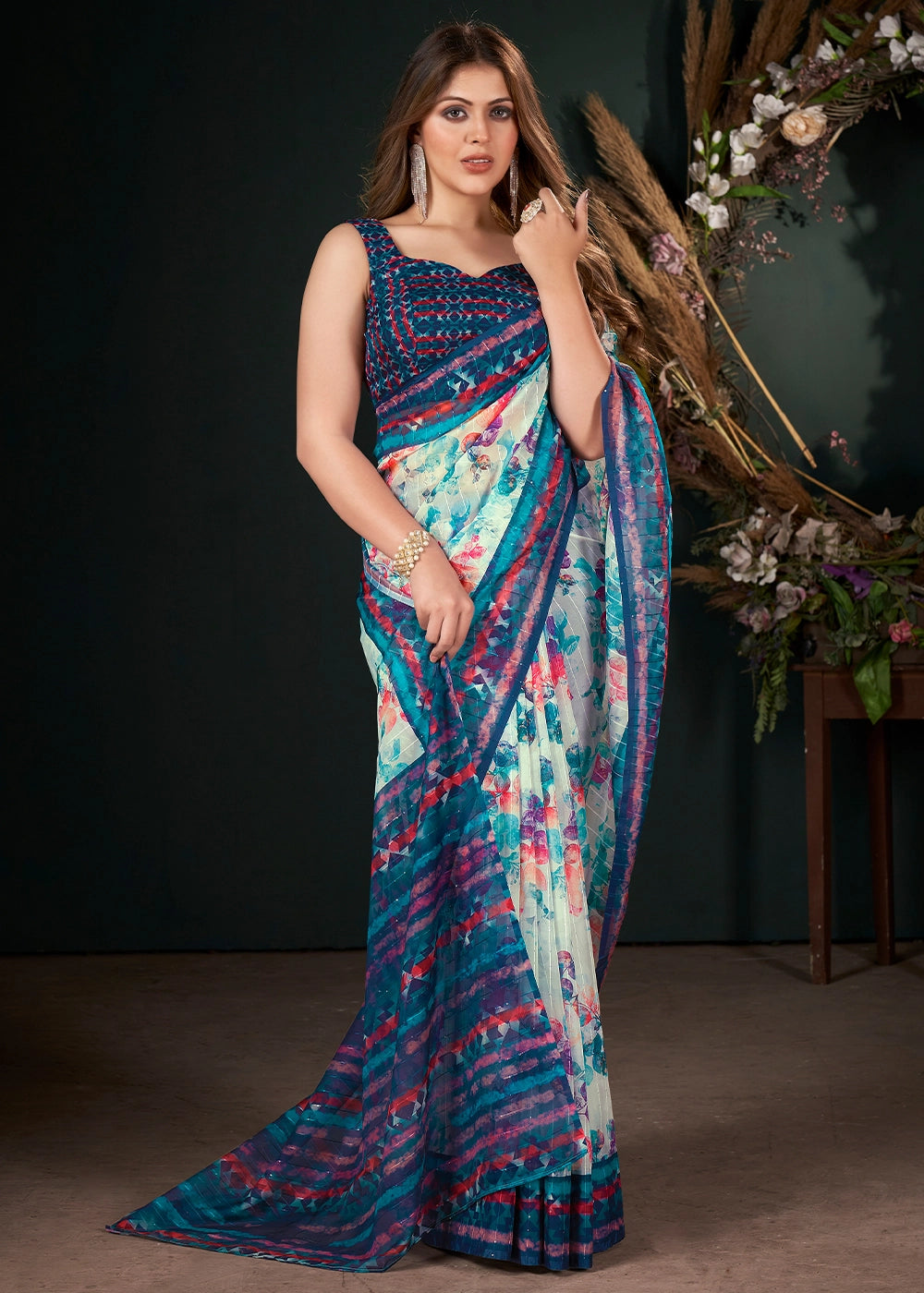 Shades of Blue Silk Saree with Digital Print and Sequin Highlights