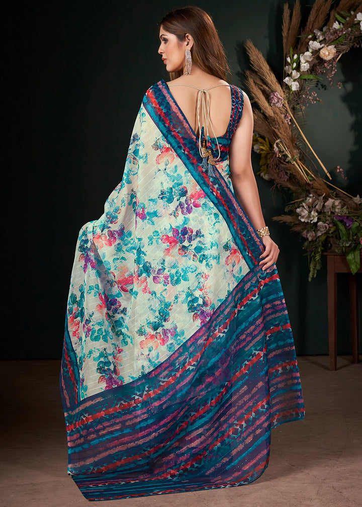 Shades of Blue Silk Saree with Digital Print and Sequin Highlights