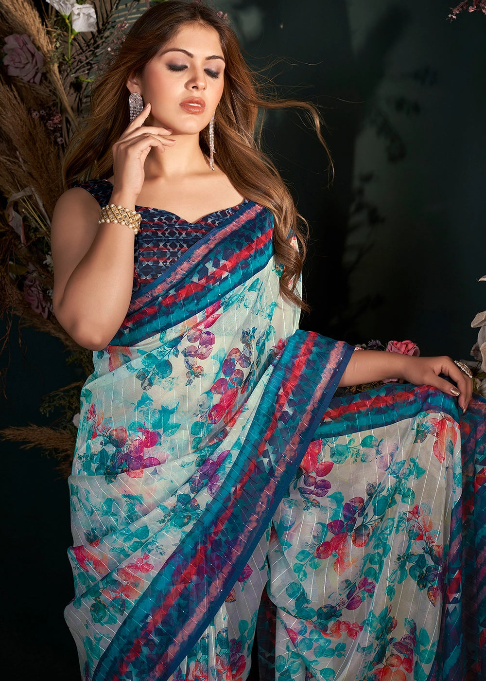 Shades of Blue Silk Saree with Digital Print and Sequin Highlights
