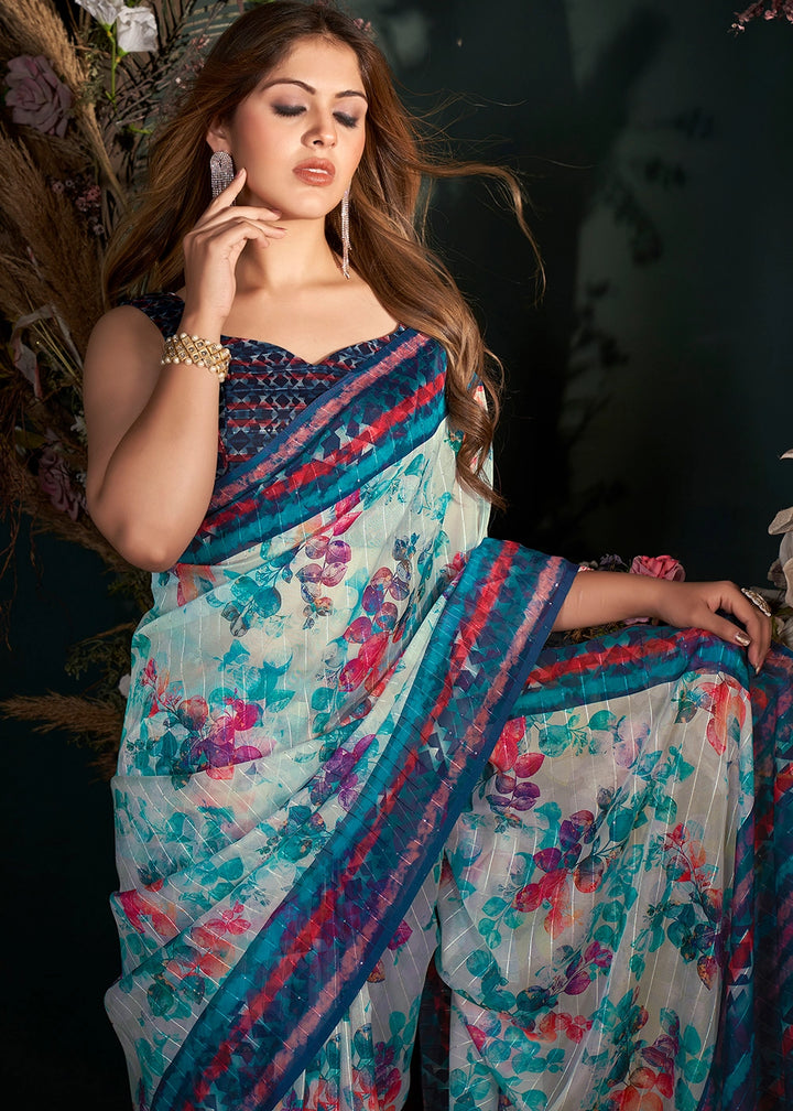 Shades of Blue Silk Saree with Digital Print and Sequin Highlights