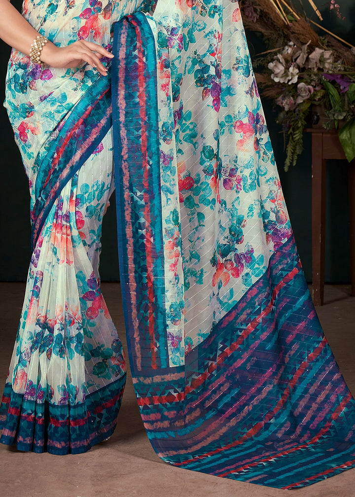 Shades of Blue Silk Saree with Digital Print and Sequin Highlights