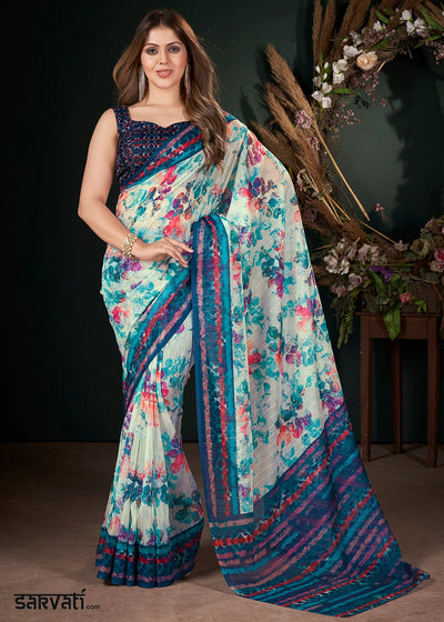 Shades of Blue Silk Saree with Digital Print and Sequin Highlights