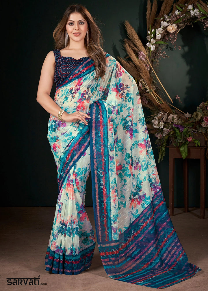 Shades of Blue Silk Saree with Digital Print and Sequin Highlights