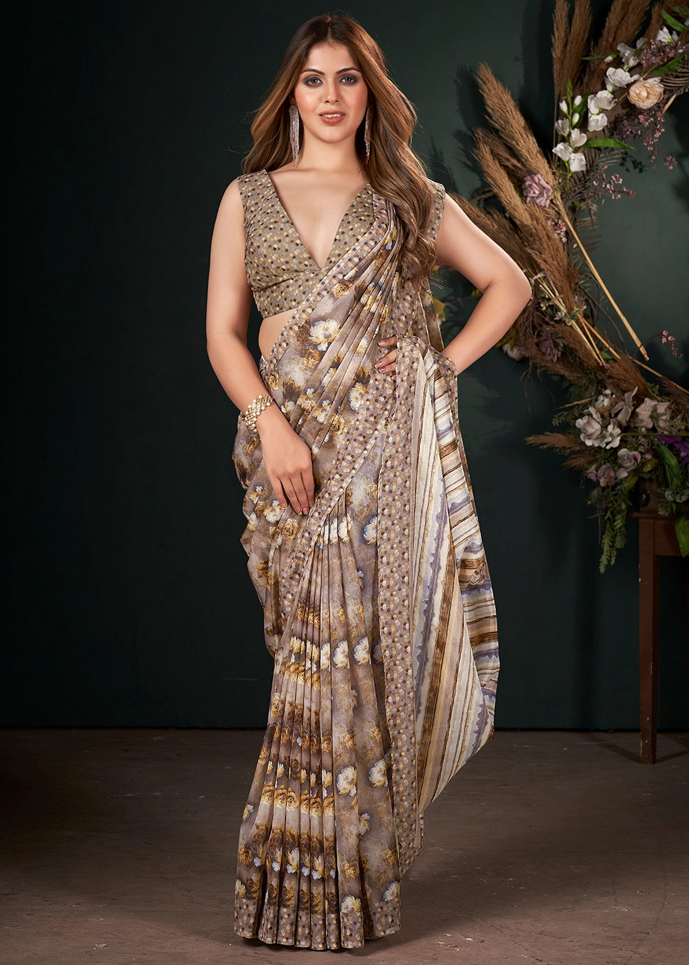 Shades of Brown Silk Saree with Floral Digital Print