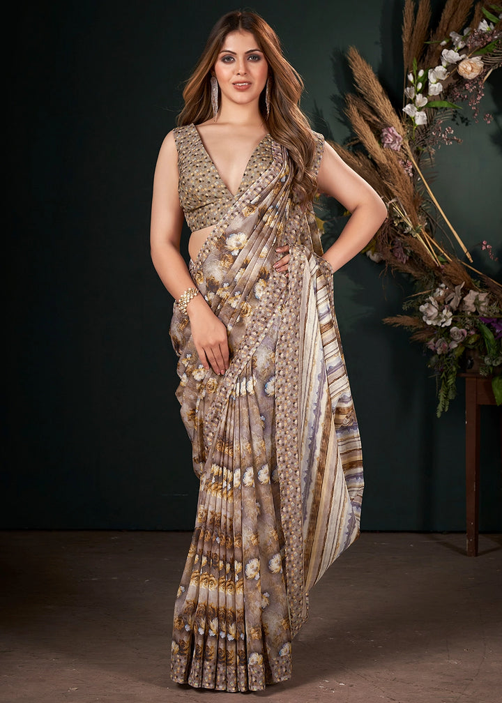 Shades of Brown Silk Saree with Floral Digital Print