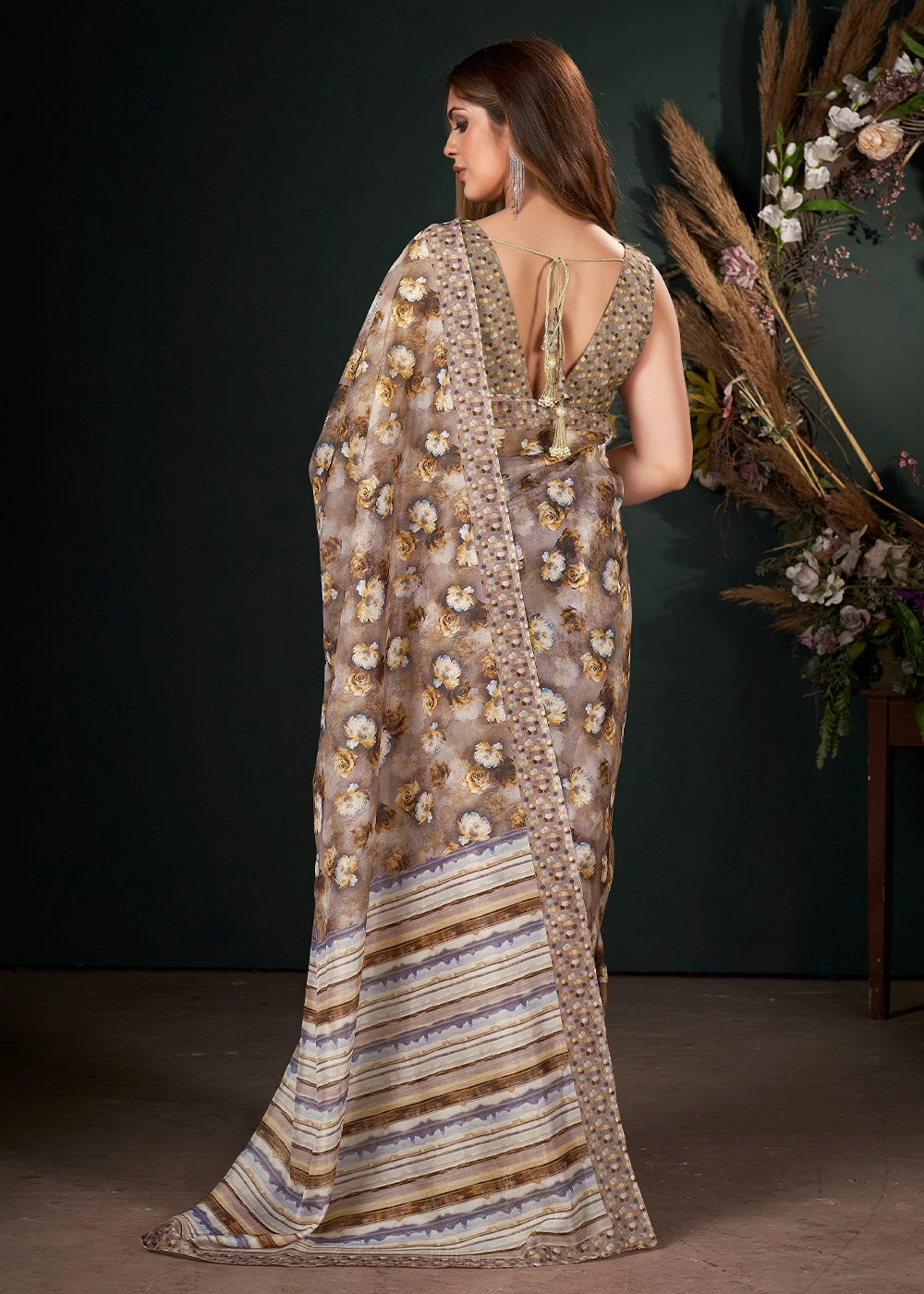 Shades of Brown Silk Saree with Floral Digital Print