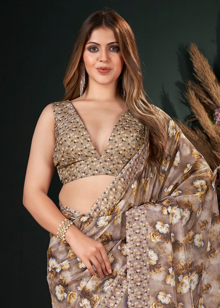Shades of Brown Silk Saree with Floral Digital Print