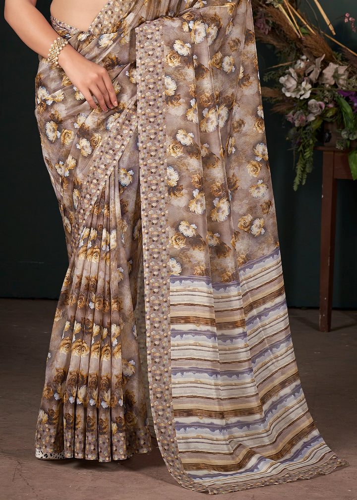 Shades of Brown Silk Saree with Floral Digital Print