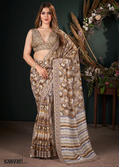 Shades of Brown Silk Saree with Floral Digital Print