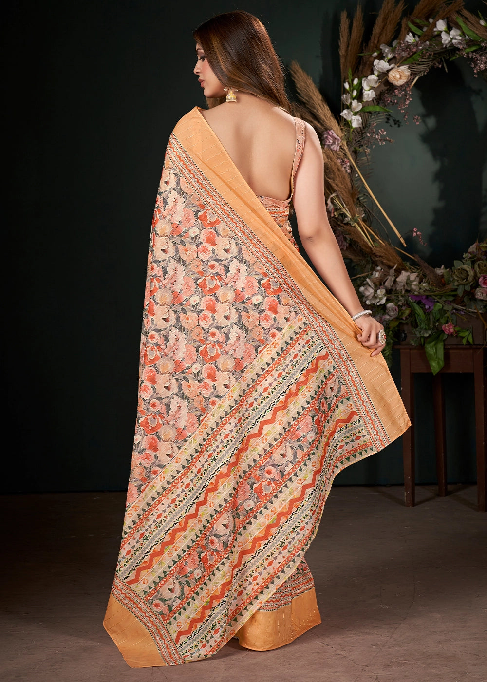 Shades of Orange Silk Saree with Digital Print and Sequin Highlights