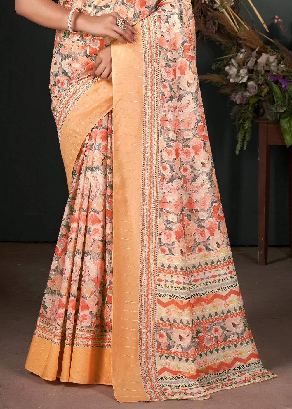 Shades of Orange Silk Saree with Digital Print and Sequin Highlights
